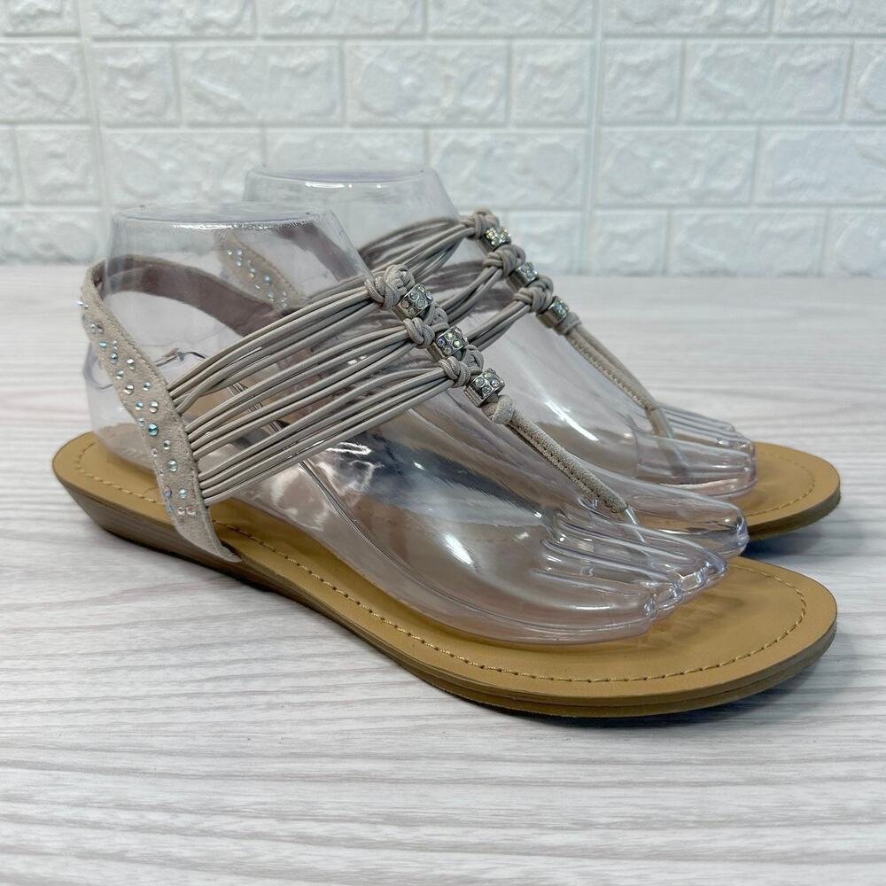 Madden Girl Flat Thong Sandals WMNS 8M Beige Elastic Strap Slingback Embellished - Picture 4 of 10